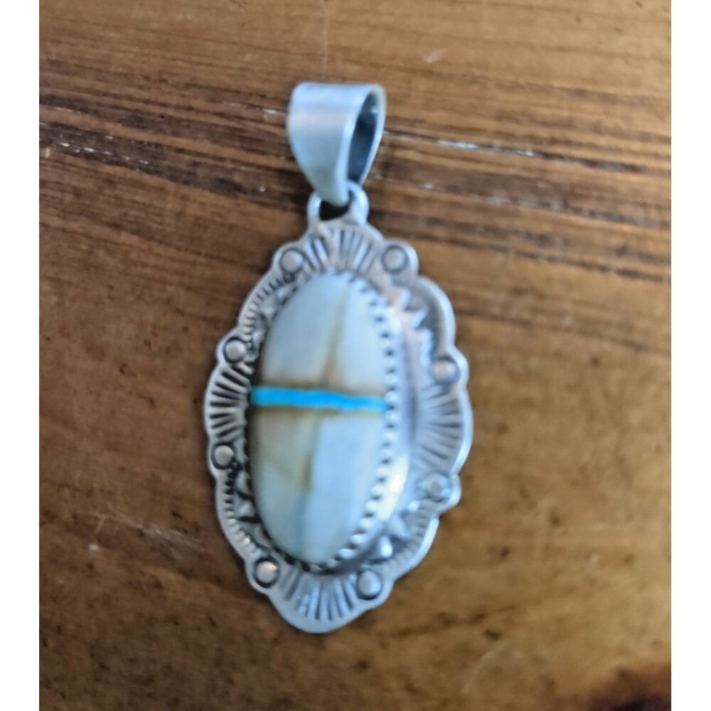 Sterling Silver Southwest Navajo Style White Buffalo Turquoise Pendant 925 -1.5 - Picture 6 of 13